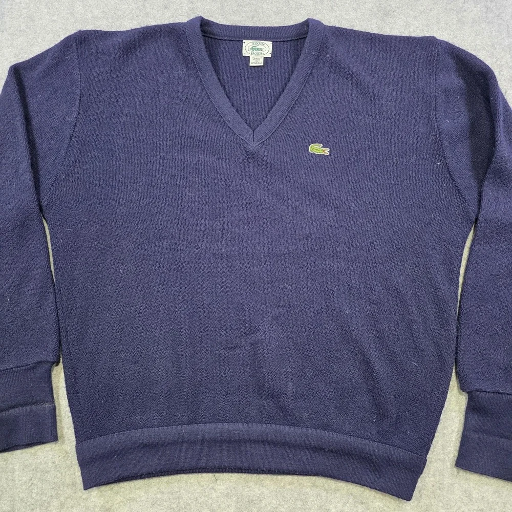 Vintage Izod Lacoste Sweater Mens XL Blue V Neck Knit Pullover Crocodile Logo